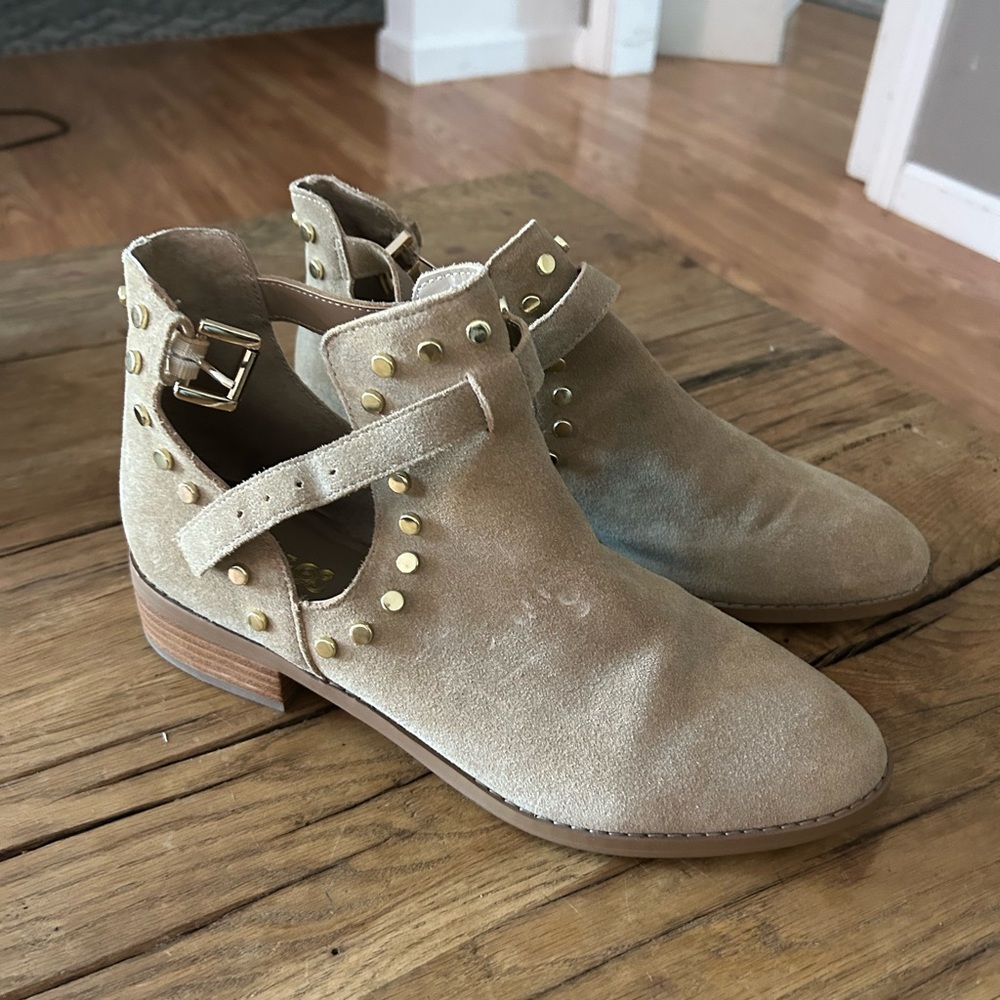 Carlos Santana taupe khaki studded low heel bootie cutout strap shoes block
